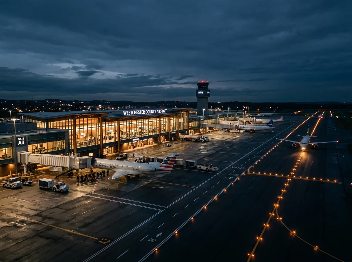 Westchester County Airport HPN terminal exterior at dusk, modern architecture, amber runway lights, dark sky, cinematic mood