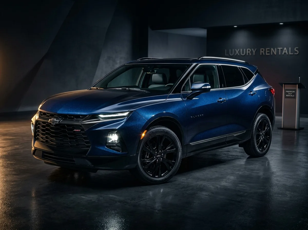Chevrolet Blazer premium SUV, midnight blue metallic, luxury rental vehicle, dramatic lighting studio shot