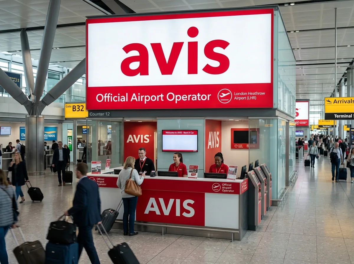 Avis rental car brand logo, red and white design, official airport operator mark