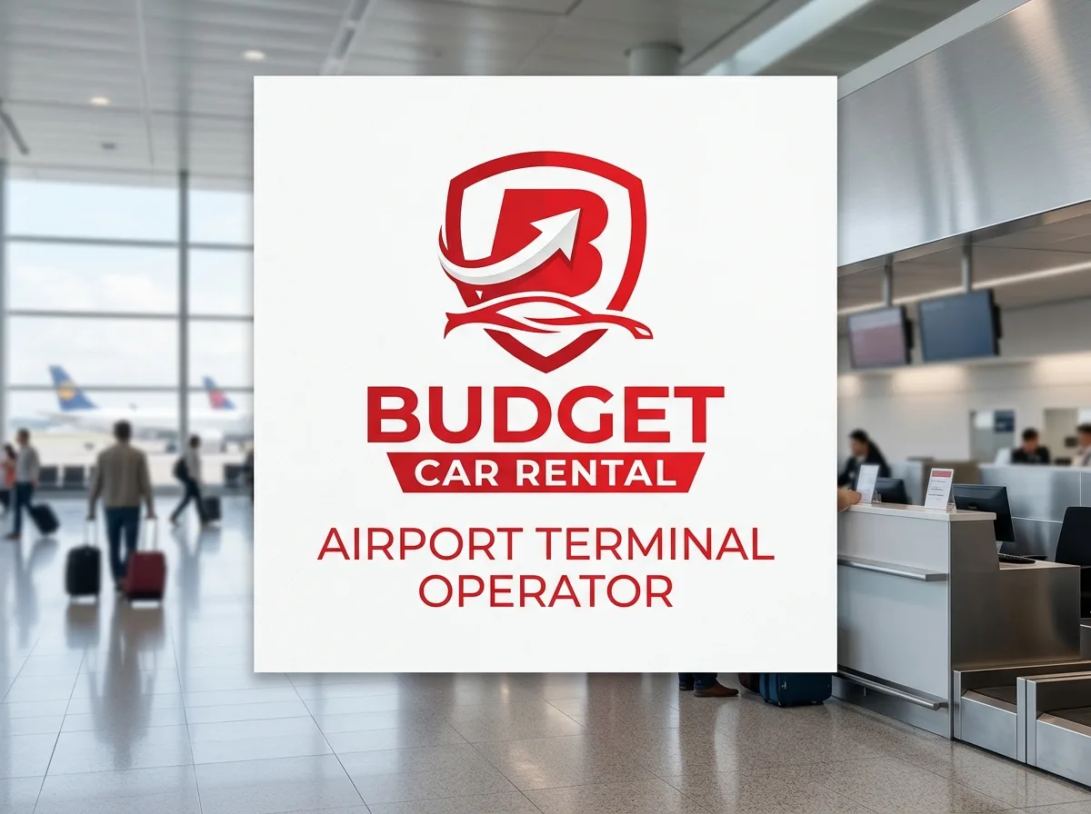 Budget car rental logo, red and white official brand, airport terminal operator