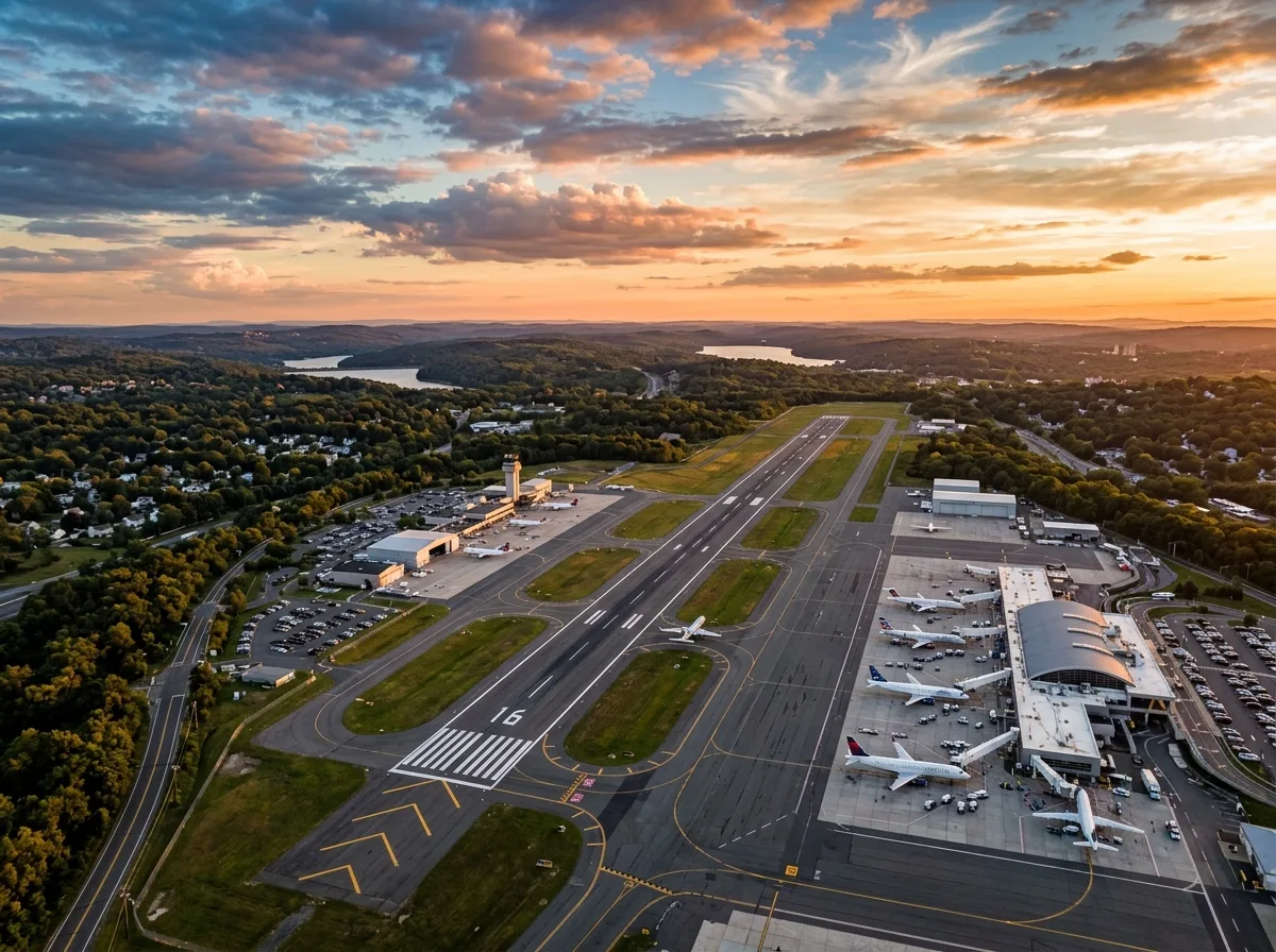 White Plains Westchester County Airport HPN exterior aerial view at golden hour, runway and terminal visible, dramatic sky, editorial travel photography